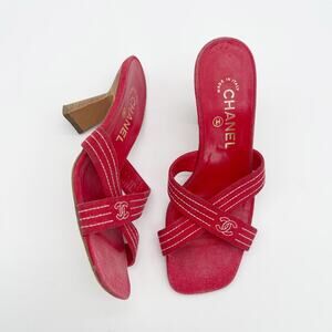 Chanel Vintage Red Canvas CC Nautical Cross Strap Slide Mule Sandal Heels EU 38